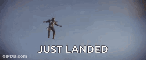 A Man Is Flying Through The Air With The Words Just Landed Below Him GIF