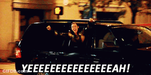 A Man Is Getting Out Of A Car With The Words Yeeeeeeeeeeeeah Written On The Bottom GIF