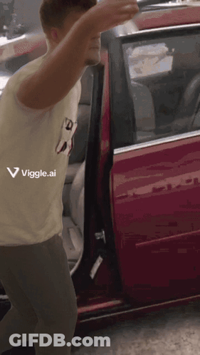 A Man Is Getting Out Of A Red Car With A Viggle.ai Logo On The Bottom Right GIF