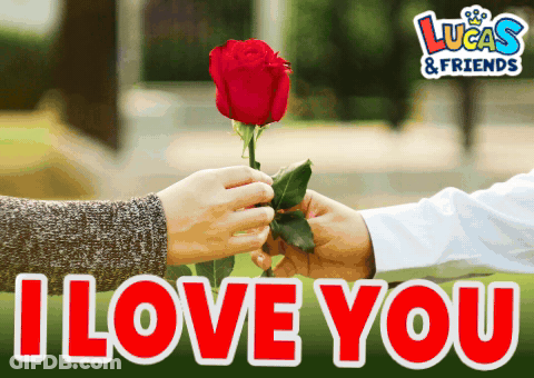 A Man Is Giving A Red Rose To A Woman With The Words I Love You Written On The Bottom GIF