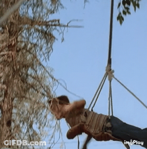 A Man Is Hanging From A Rope Swing With A Tree In The Background GIF