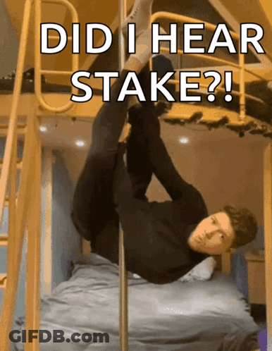 A Man Is Hanging Upside Down On A Pole With The Caption Did I Hear Stake ? GIF
