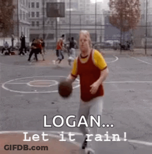 A Man Is Holding A Basketball On A Basketball Court And Saying Logan Let It Rain . GIF