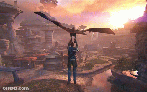 A Man Is Holding A Bird In His Hands In A Video Game GIF