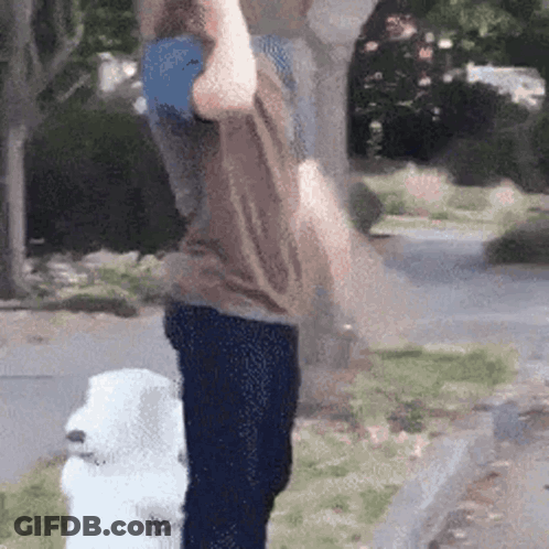 A Man Is Holding A Blue Ball Over His Head While Standing Next To A Fire Hydrant . GIF