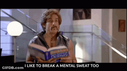 A Man Is Holding A Book That Says I Like To Break A Mental Sweat Too On The Bottom GIF