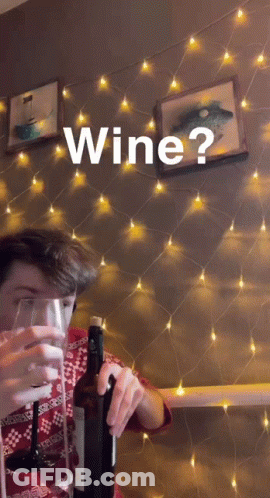A Man Is Holding A Bottle Of Wine And A Glass In Front Of A String Of Lights And The Word Wine Is On The Wall GIF