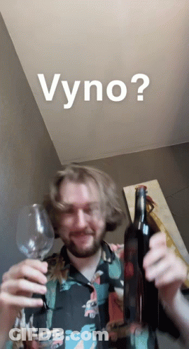 A Man Is Holding A Bottle Of Wine And A Glass With The Word Vyno Written On The Bottom GIF