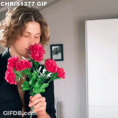 A Man Is Holding A Bouquet Of Pink Flowers With The Caption Chris 1377 GIF