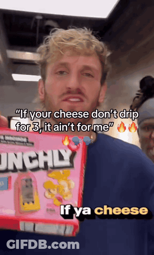 A Man Is Holding A Box Of Crunchy Cereal And Saying If Your Cheese Don 'T Drip For 3 GIF