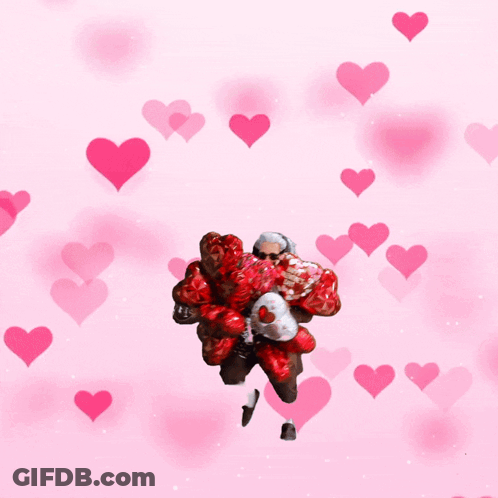 A Man Is Holding A Bunch Of Heart Shaped Balloons That Say " Happy Valentine 'S Day " GIF