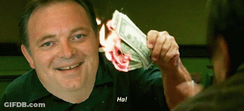 A Man Is Holding A Burning Dollar Bill In His Hand And Smiling At Another Man . GIF