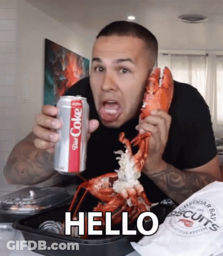 A Man Is Holding A Can Of Diet Coke And A Lobster GIF