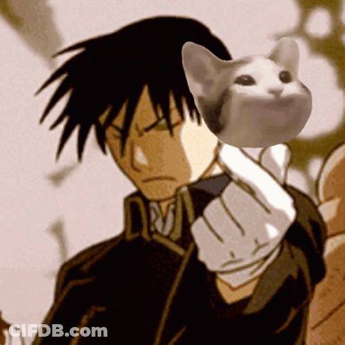 A Man Is Holding A Cat In His Hand And The Cat Is Pointing At Him GIF