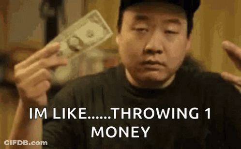 A Man Is Holding A Dollar Bill In His Hand And Says `` Im Like Throwing 1 Money '' . GIF