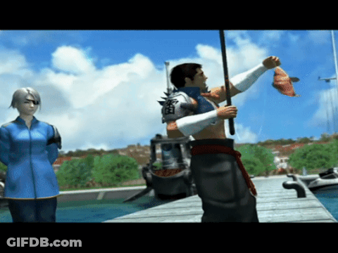 A Man Is Holding A Fishing Rod And A Fish In His Hands GIF