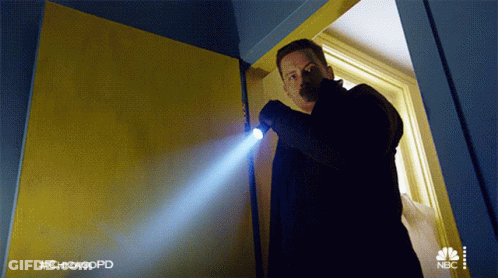 A Man Is Holding A Flashlight In A Doorway With #Chicagopd Written On The Bottom GIF