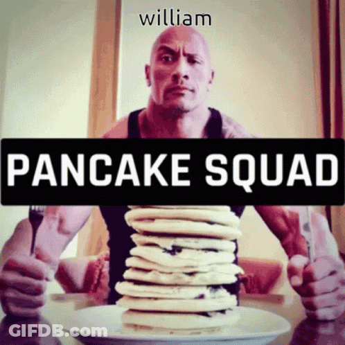 A Man Is Holding A Fork In Front Of A Plate Of Pancakes With The Words Pancake Squad Written Above Him GIF
