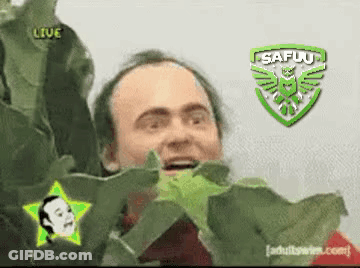 A Man Is Holding A Green Leaf In Front Of A Safuu Emblem GIF
