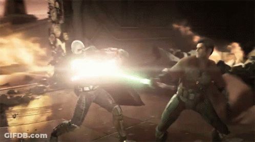 A Man Is Holding A Green Lightsaber While Fighting Another Man In A Video Game GIF