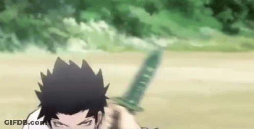 A Man Is Holding A Green Sword In His Hand In A Field . GIF