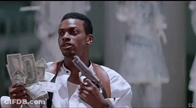 A Man Is Holding A Gun And Holding A Pile Of Money . GIF