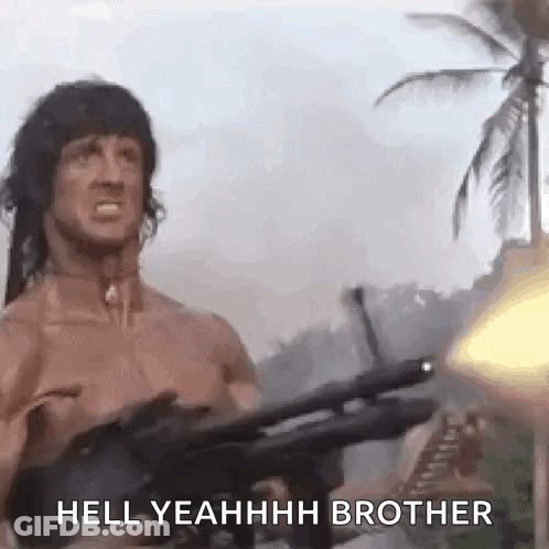 A Man Is Holding A Gun And Saying `` Hell Yeahhhh Brother '' While Standing In Front Of A Palm Tree . GIF