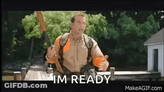 A Man Is Holding A Gun And Saying `` I 'M Ready '' While Standing On A Dock . GIF