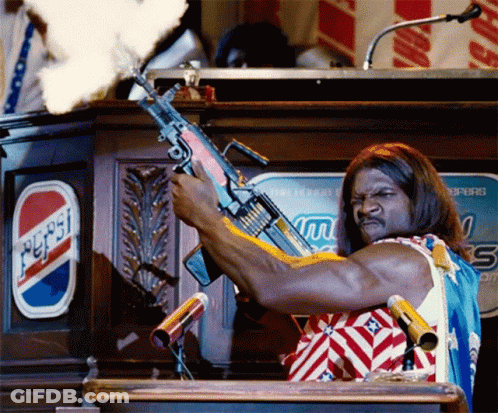 A Man Is Holding A Gun In Front Of A Pepsi Advertisement GIF