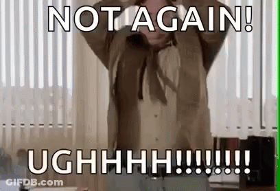 A Man Is Holding A Gun In Front Of A Window With The Words `` Not Again ! '' GIF
