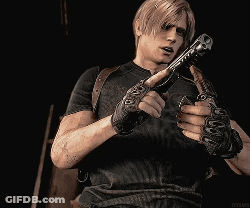 A Man Is Holding A Gun In His Hand In A Dark Room . GIF