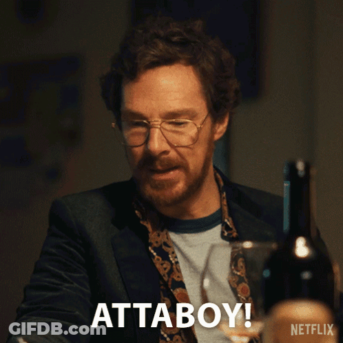 A Man Is Holding A Knife And Says Attaboy On The Screen GIF