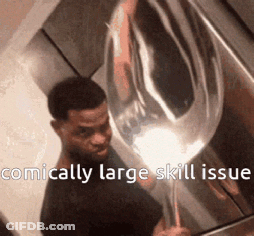 A Man Is Holding A Large Balloon With The Words " Comically Large Skill Issue " Written Below Him GIF