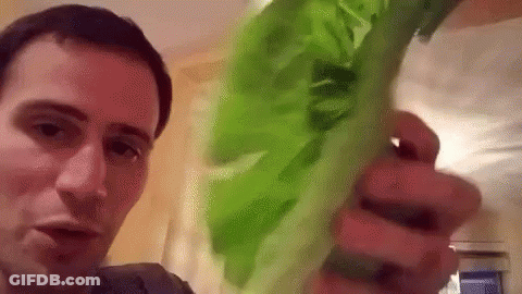 A Man Is Holding A Large Piece Of Green Lettuce In His Hands . GIF