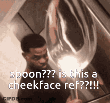 A Man Is Holding A Large Spoon And Says Spoon Is This A Cheekface Ref !!! GIF