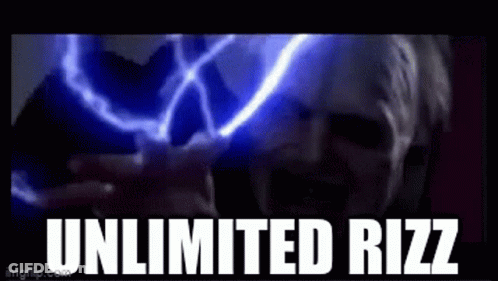 A Man Is Holding A Lightning Bolt In Front Of His Face And The Words Unlimited Rizz Are Written Below Him GIF