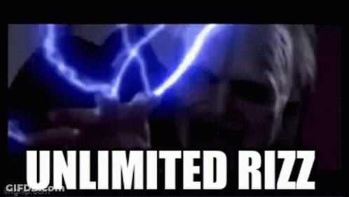 A Man Is Holding A Lightning Bolt In His Hand And The Words Unlimited Rizz Are Written Below Him . GIF