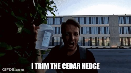 A Man Is Holding A Measuring Cup And Saying " I Trim The Cedar Hedge " In Front Of A Building GIF