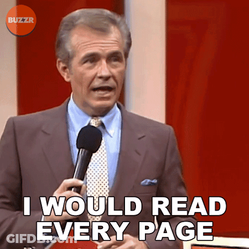 A Man Is Holding A Microphone And Saying " I Would Read Every Page " GIF
