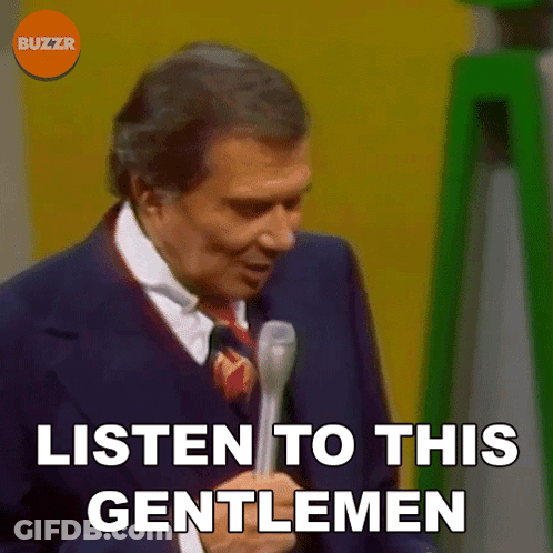 A Man Is Holding A Microphone And Says Listen To This Gentlemen GIF