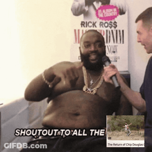 A Man Is Holding A Microphone In Front Of A Rick Ross Album In The Country Poster GIF