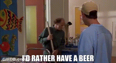 A Man Is Holding A Mop And Saying `` I 'D Rather Have A Beer '' In A Hospital Room . GIF