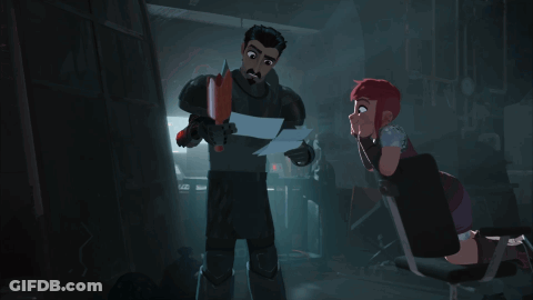 A Man Is Holding A Piece Of Paper In Front Of A Woman GIF