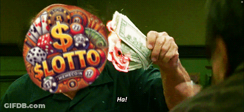 A Man Is Holding A Pile Of Money In Front Of A Balloon That Says Lotto GIF