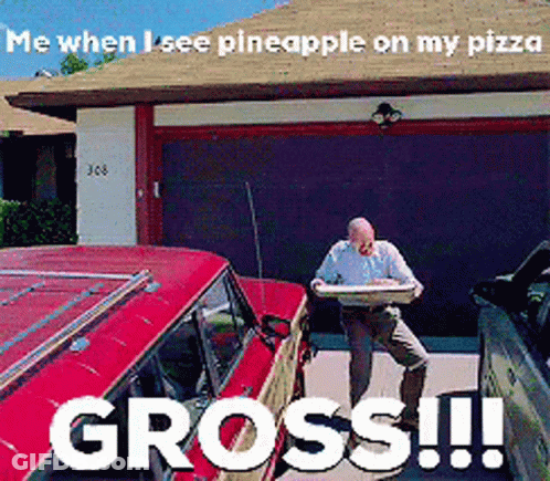 A Man Is Holding A Pizza Box In Front Of A Garage Door And Says Gross !!! GIF