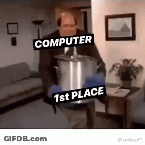 A Man Is Holding A Pot With The Words Computer 1St Place On It GIF