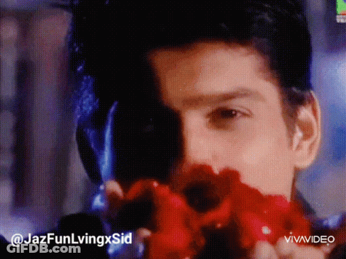 A Man Is Holding A Red Flower In Front Of His Face .. GIF