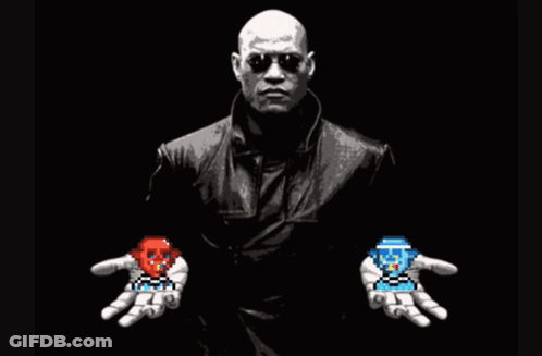 A Man Is Holding A Red Skull And A Blue Skull In His Hands With The Words This Your Last Chance GIF