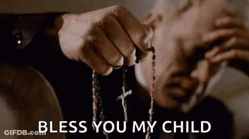 A Man Is Holding A Rosary With The Words Bless You My Child Written On The Bottom . GIF