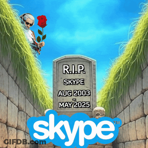A Man Is Holding A Rose Next To A Gravestone That Says R.i.p. Skype Aug 2003 May 2025 GIF